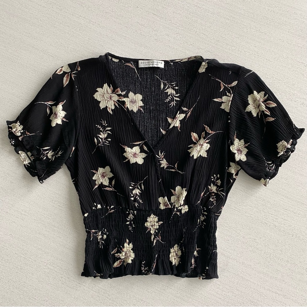 Paper Crane Black and Off-white Floral Blouse with Smocked Band